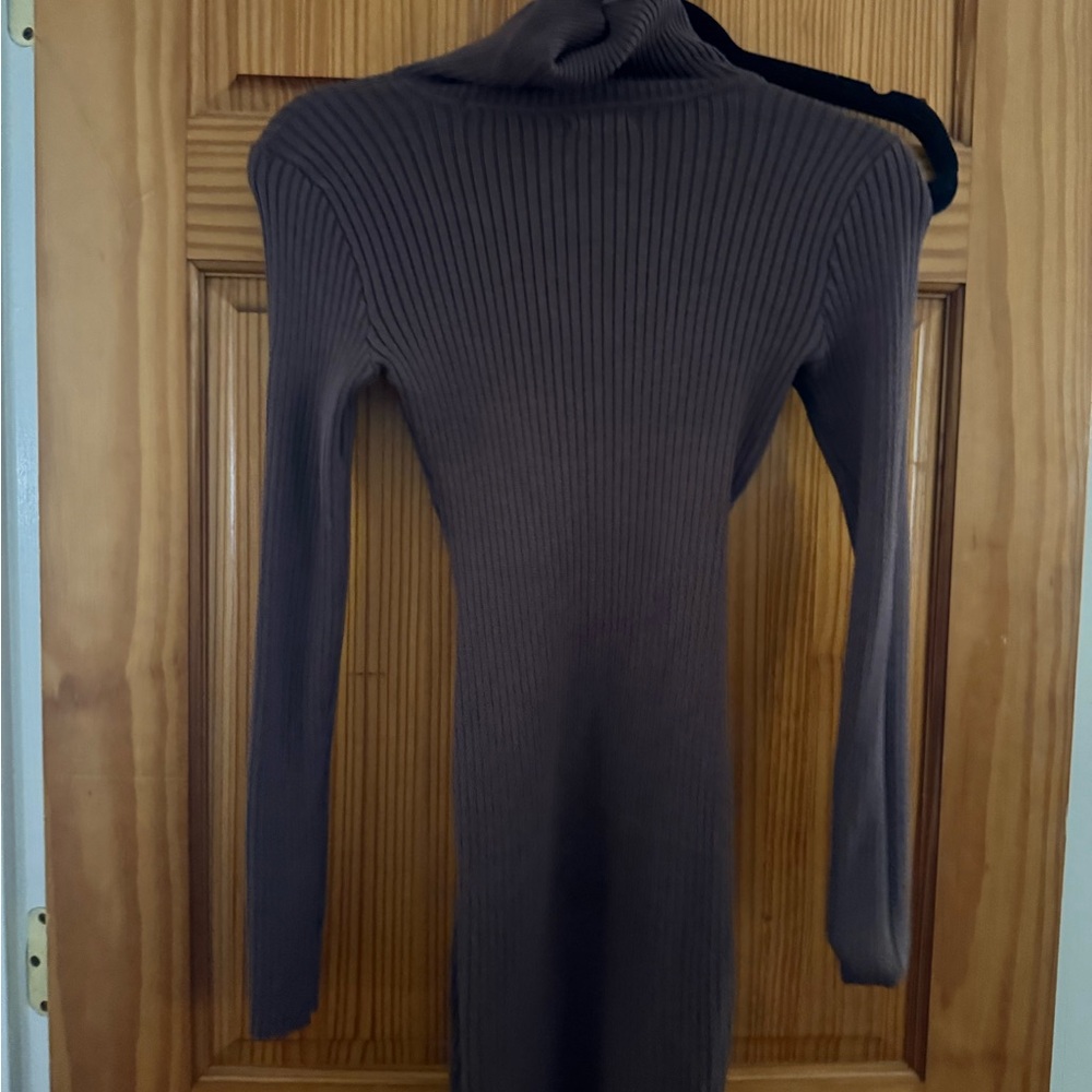 Brown Ribbed Turtleneck Sweater Dress